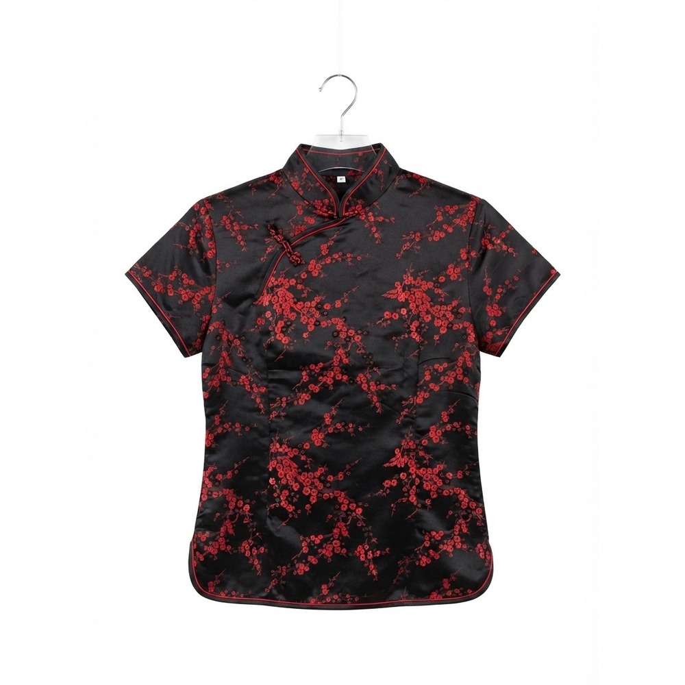 Hongshangjia Asian Inspired Black Red Cherry Blossom Cheongsam Top Frog Button S